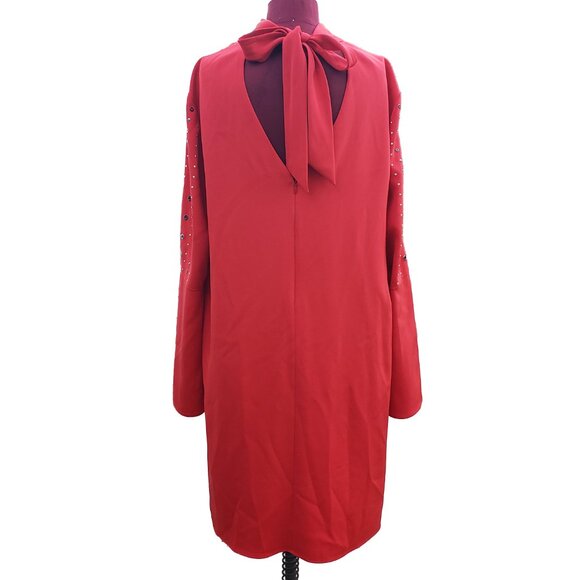 St John Couture Shift Dress Red Silk Long Sleeve Grommets Studs 16 - Picture 4 of 7